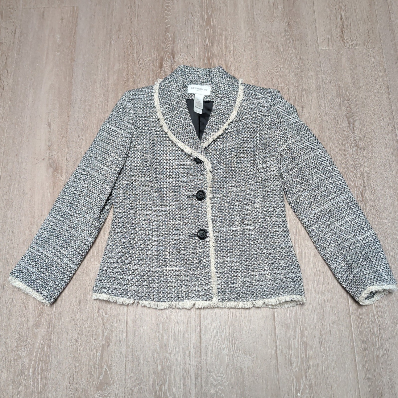 Liz Claiborne Petite Tweed Woven Blazer Black White Fringe Trim Jacket Size 10p